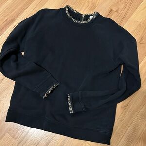 Women Black Crew Neck Sweater with Cheetah Trim